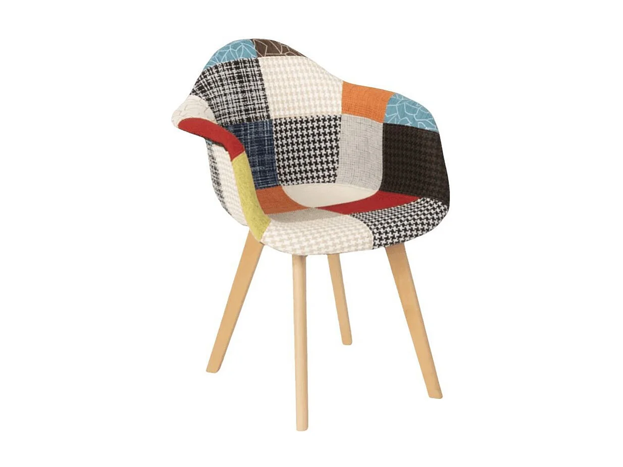 Fauteuil tissu patchwork et pied chêne clair Tarkal