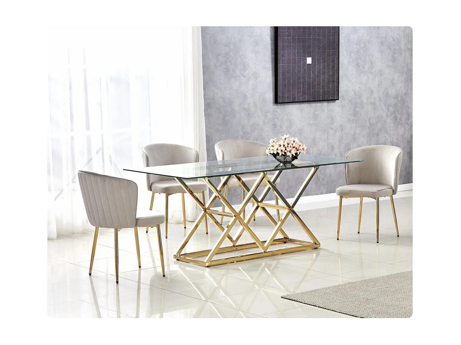 Lot de 4 chaise en velours et pied métal doré Kosmi-Beige