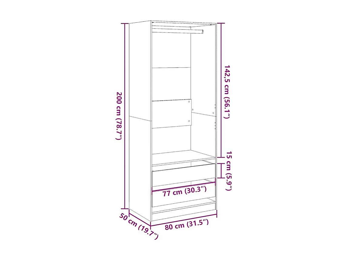 Armoire dressing 1 penderie 2 tiroir 80cm - Collection Kodok-Chêne clair