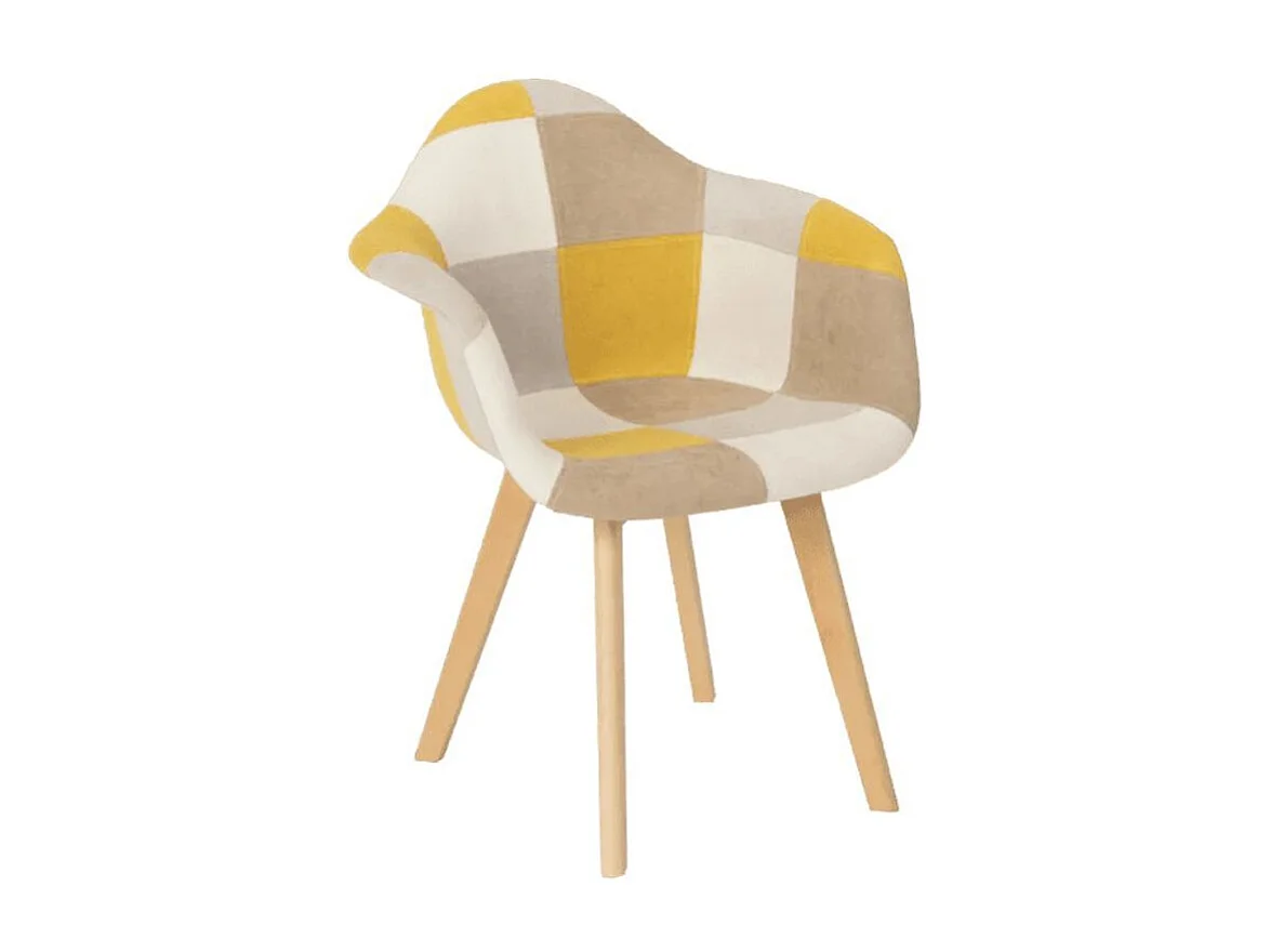 Fauteuil tissu patchwork jaune, beige, crème et pied chêne clair Tarkal