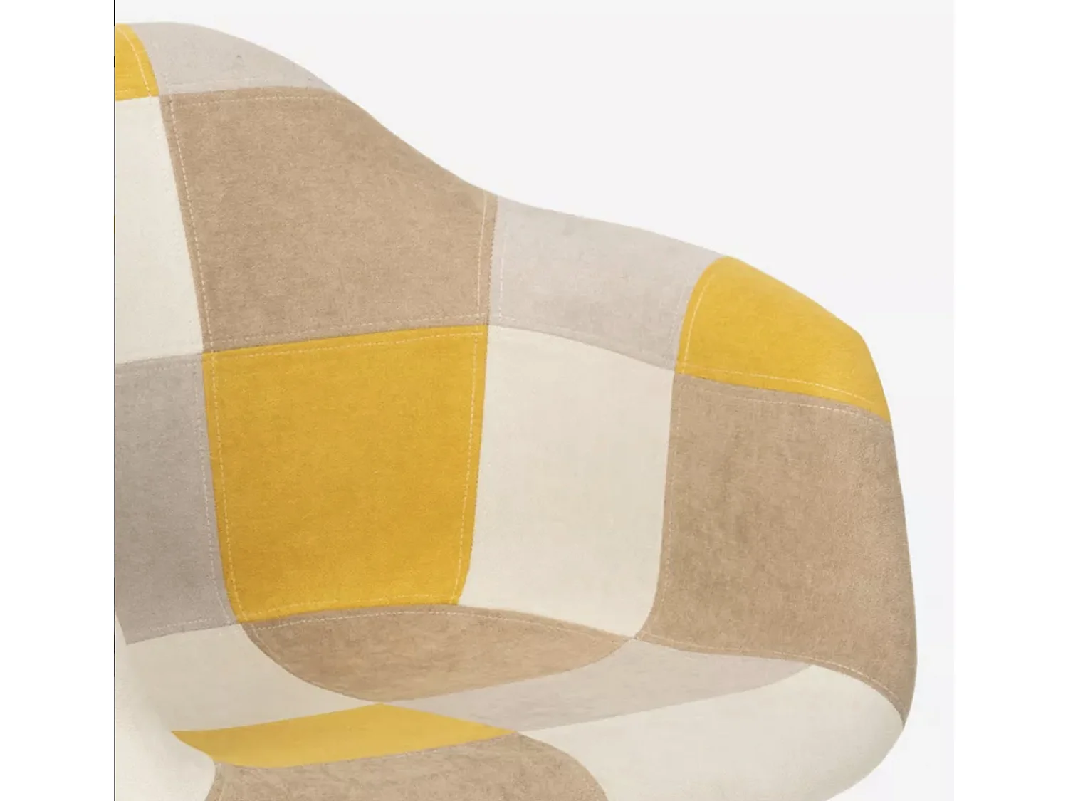 Fauteuil tissu patchwork jaune, beige, crème et pied chêne clair Tarkal