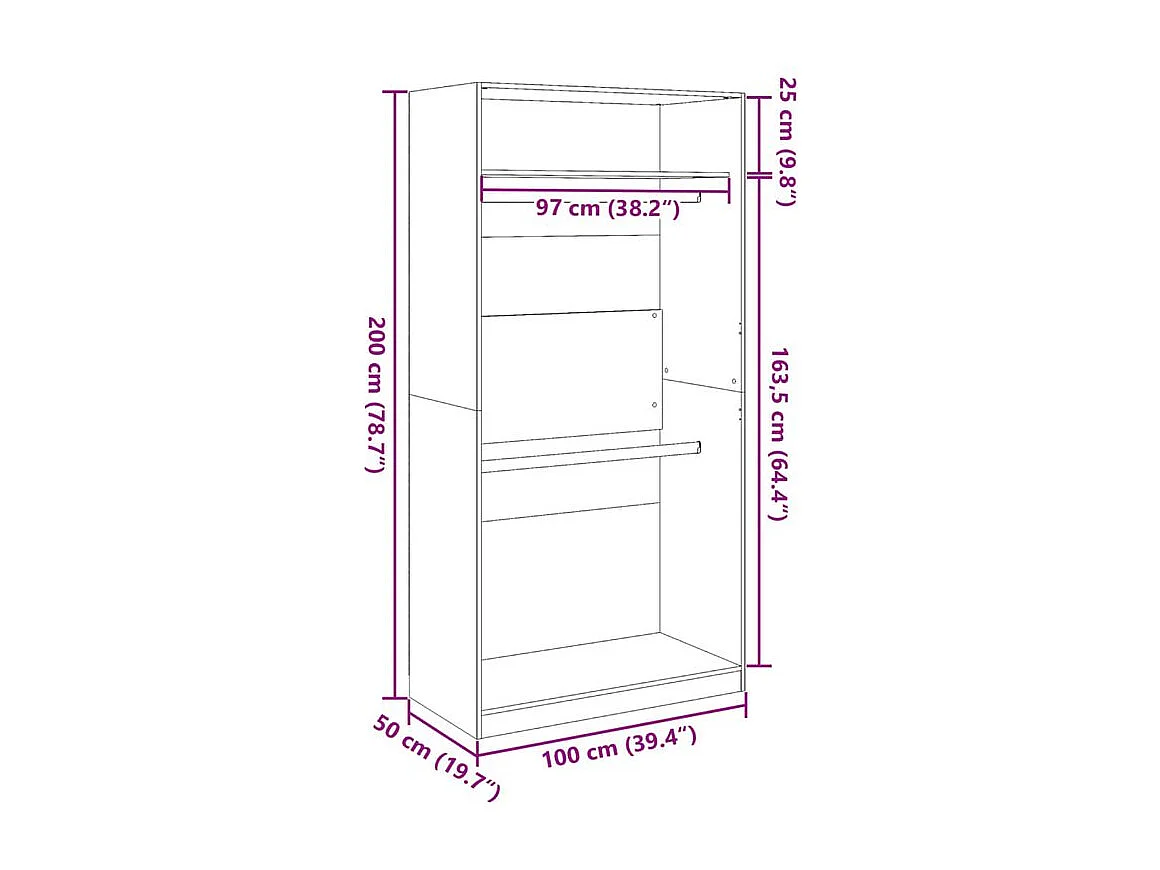Armoire dressing 2 penderie 1 étagère 100cm - Collection Laker-Marron noisette