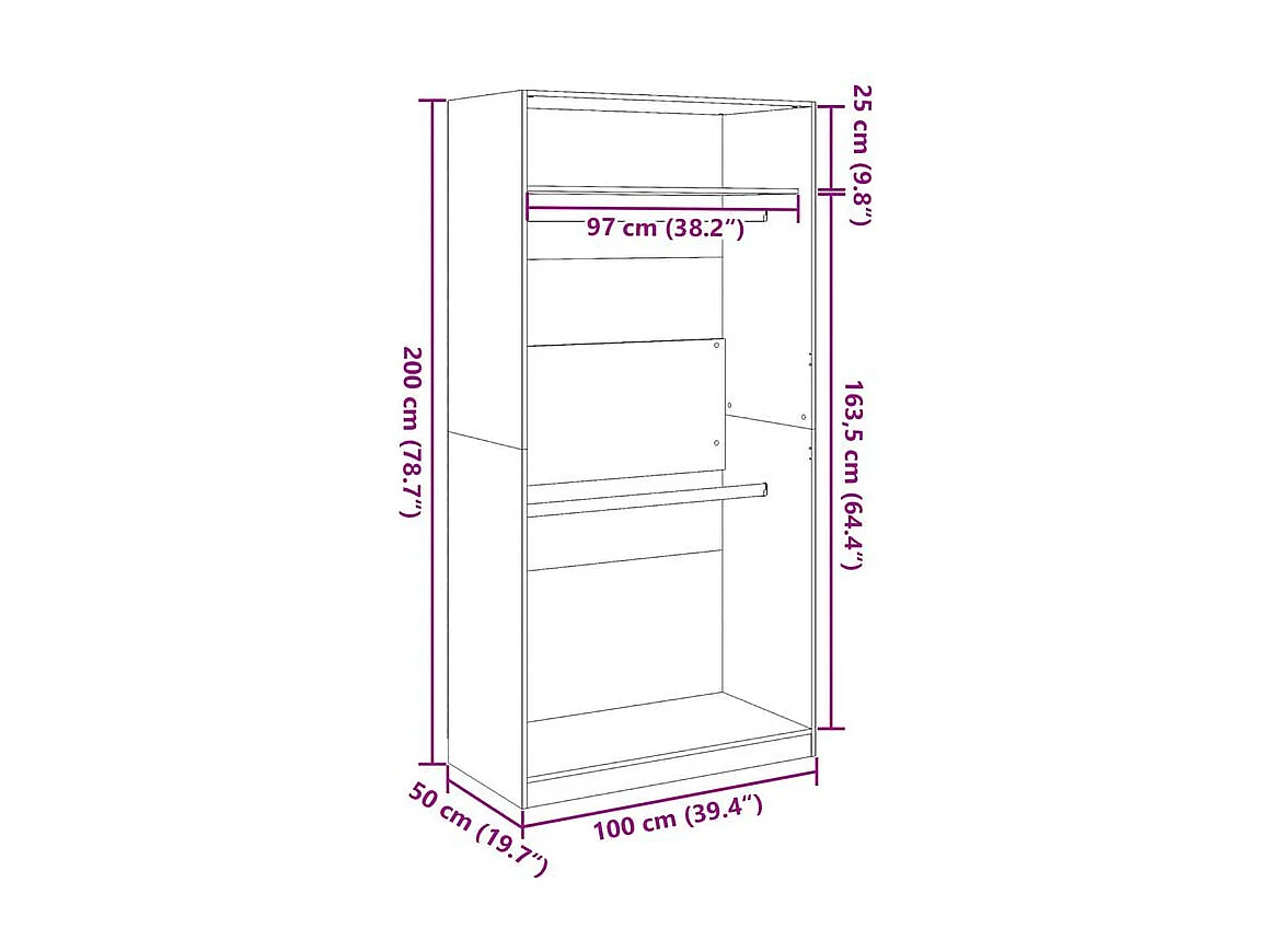 Armoire dressing 2 penderie 1 étagère 100cm - Collection Laker-Chêne gris