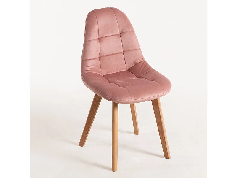 Chaise velours rose et pied hêtre massif clair Wany - Lot de 2