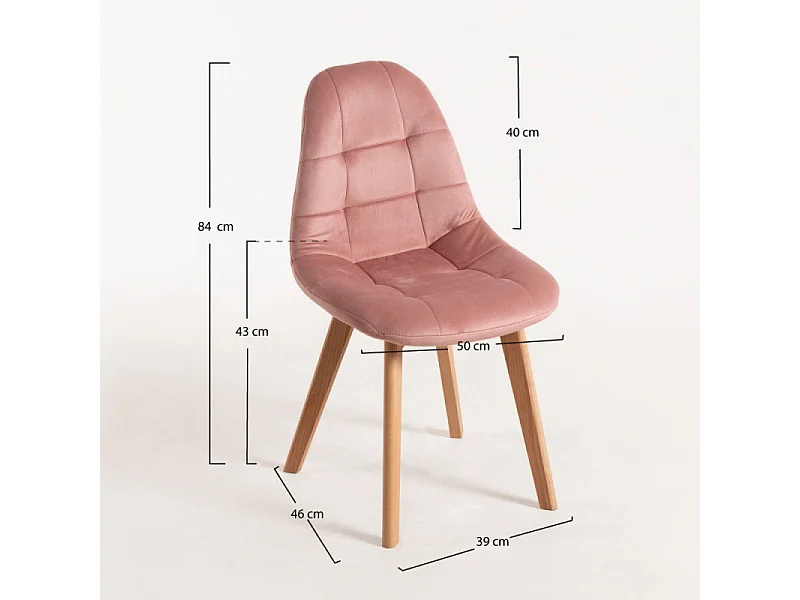 Chaise velours rose et pied hêtre massif clair Wany - Lot de 2