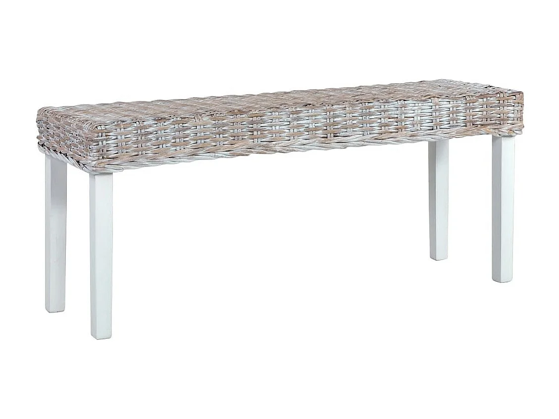 Banc 110cm Blanc Rotin naturel kubu et bois de manguier massif