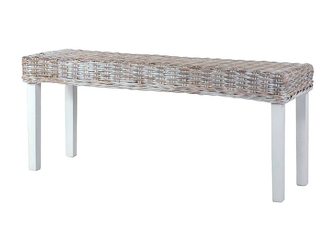 Banc 110cm Blanc Rotin naturel kubu et bois de manguier massif