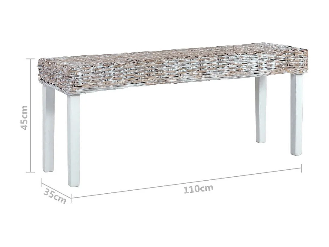 Banc 110cm Blanc Rotin naturel kubu et bois de manguier massif