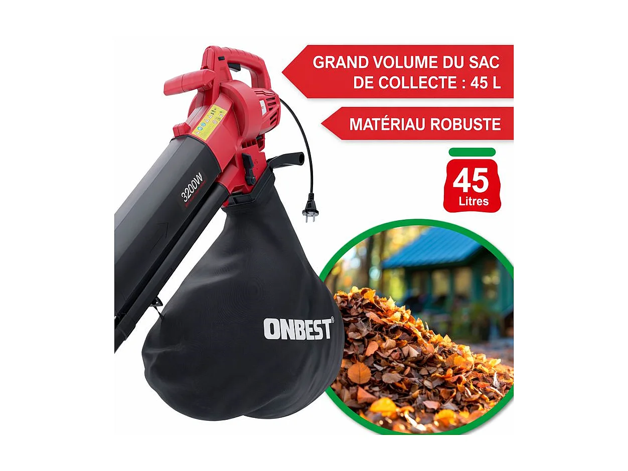 LV3245 Souffleur de feuille à l’air électrique 3200W 3en1 Aspirateur Souffleur Broyeur 45L