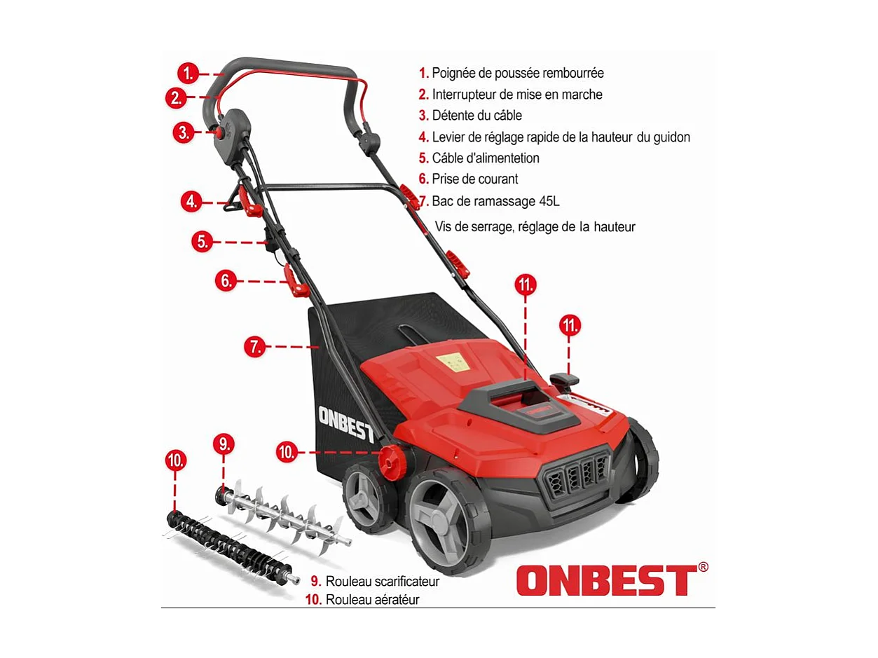 Scarificateur Aérateur de pelouse électrique 2 en 1 1800 watt Largeur travail 38cm