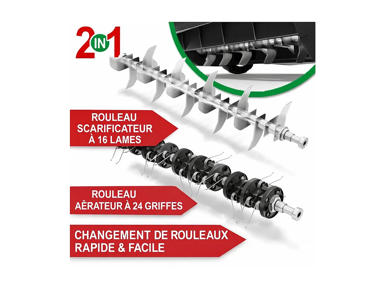 Scarificateur Aérateur de pelouse électrique 2 en 1 1800 watt Largeur travail 38cm