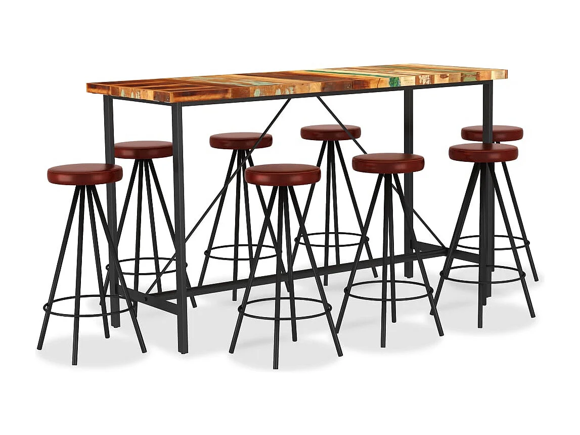 Ensemble de bar 9 pc Bois de récupération et cuir véritable