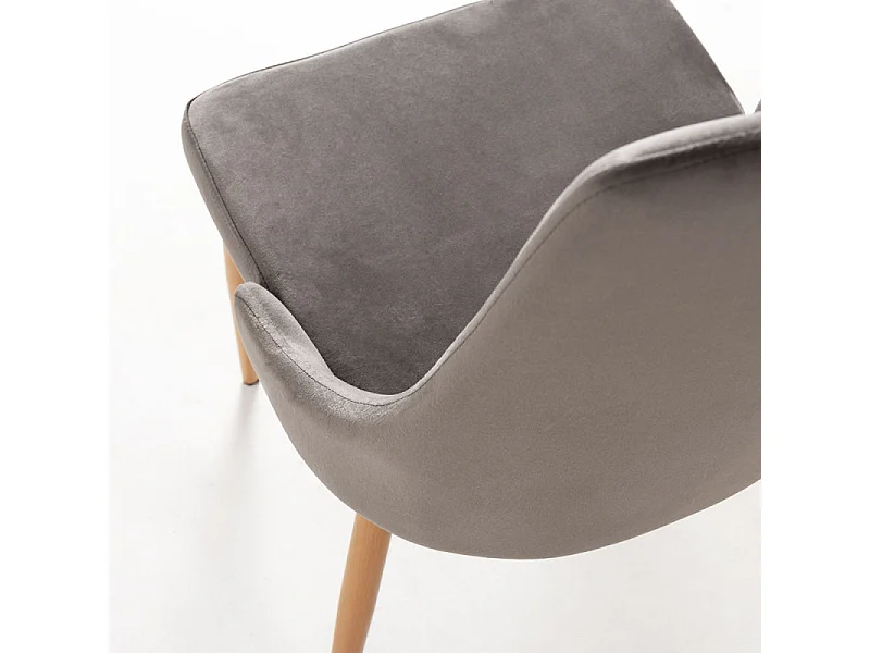 Silla moderna Kozak de terciopelo gris con patas de madera de haya natural - Lote de 2