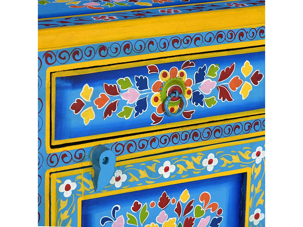 Table de chevet Bois de manguier Turquoise Peinture à la main