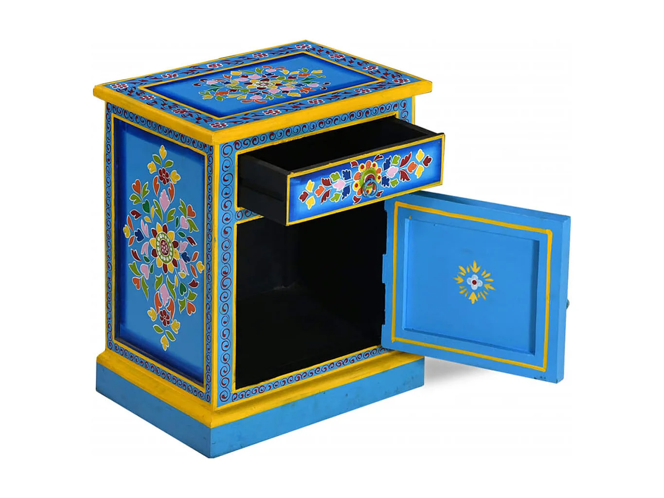 Table de chevet Bois de manguier Turquoise Peinture à la main