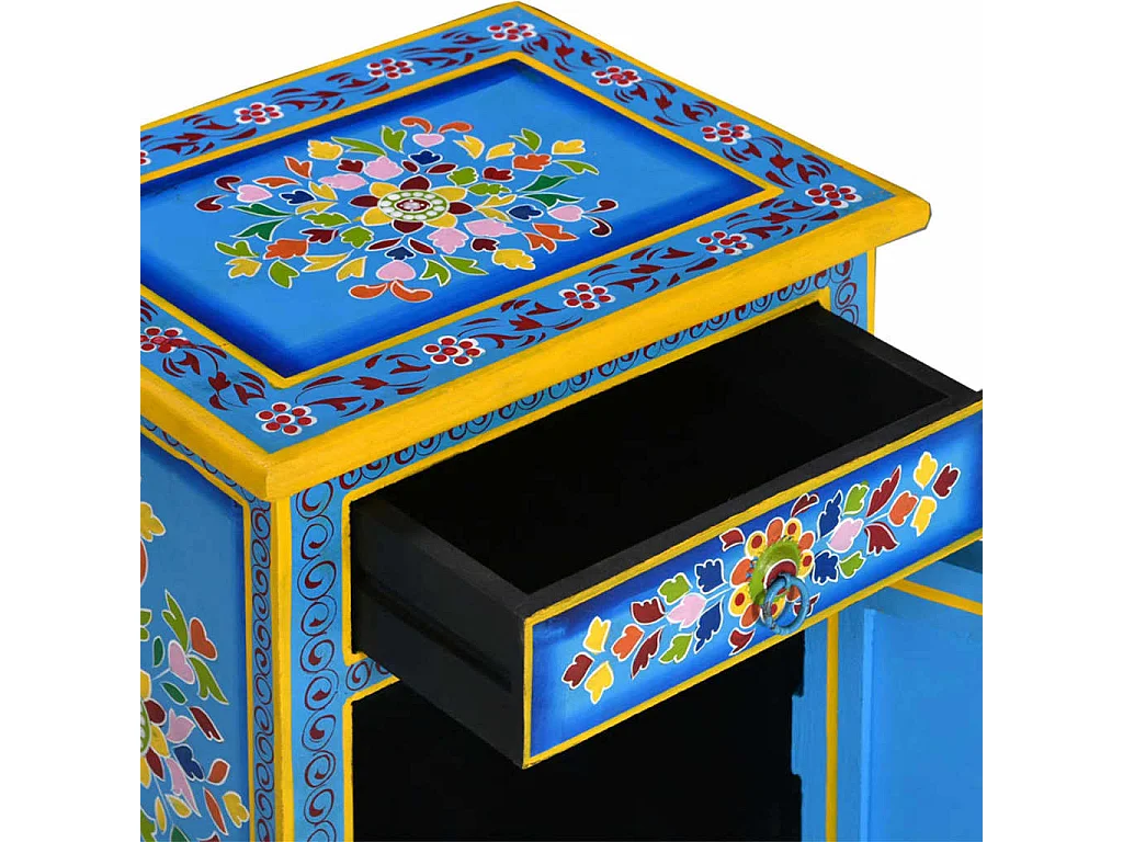 Table de chevet Bois de manguier Turquoise Peinture à la main