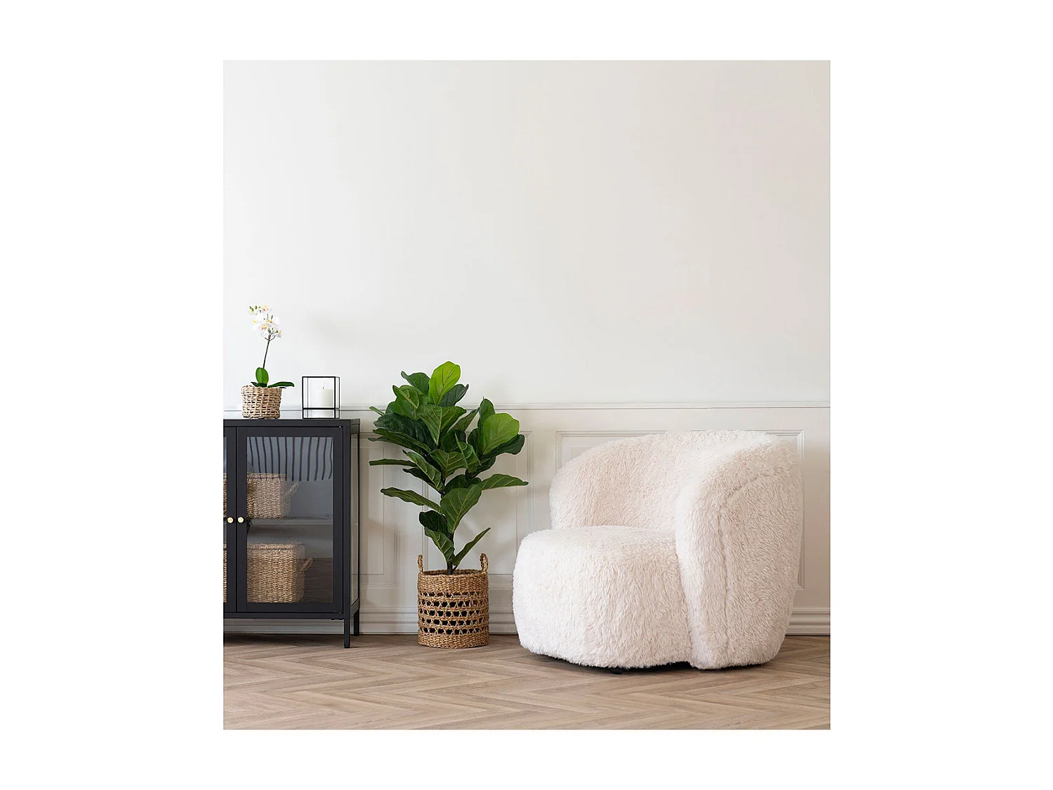 Fauteuil tissu texturé doux crème ANDY – Douceur ronde et design compact
