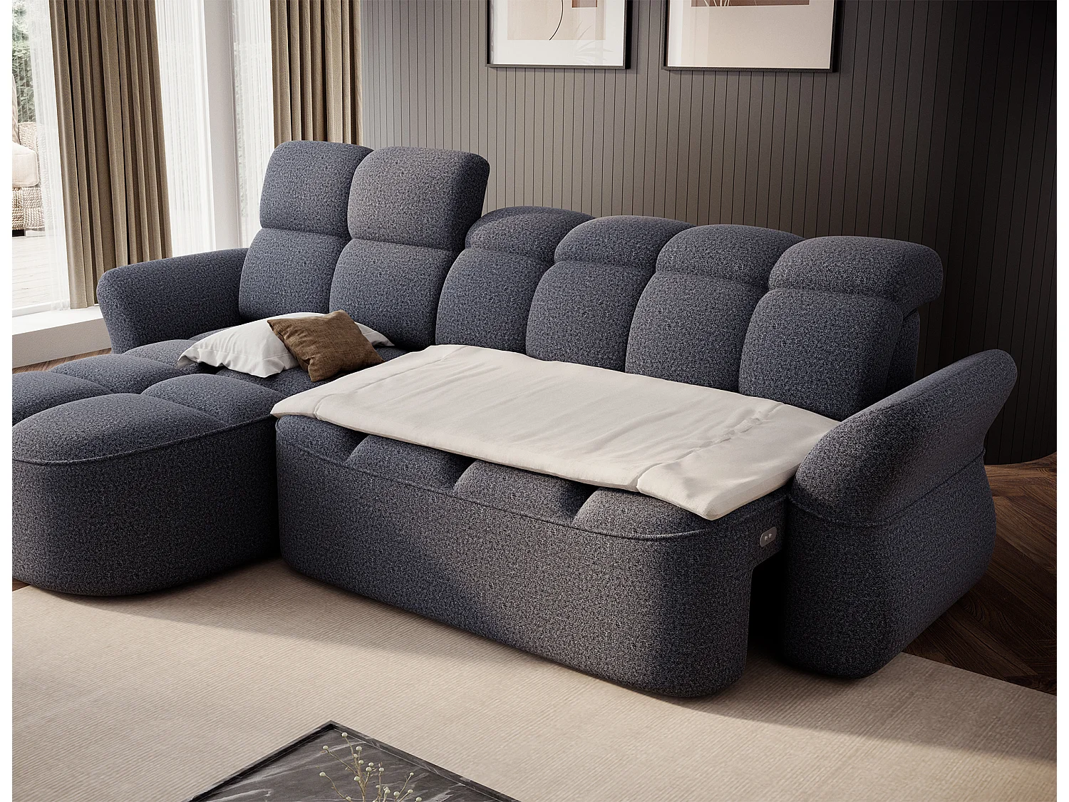 Canapé d’angle 4 place tissu CENTURY 301cm – Convertible et coffre-Bleu charrette-angle gauche