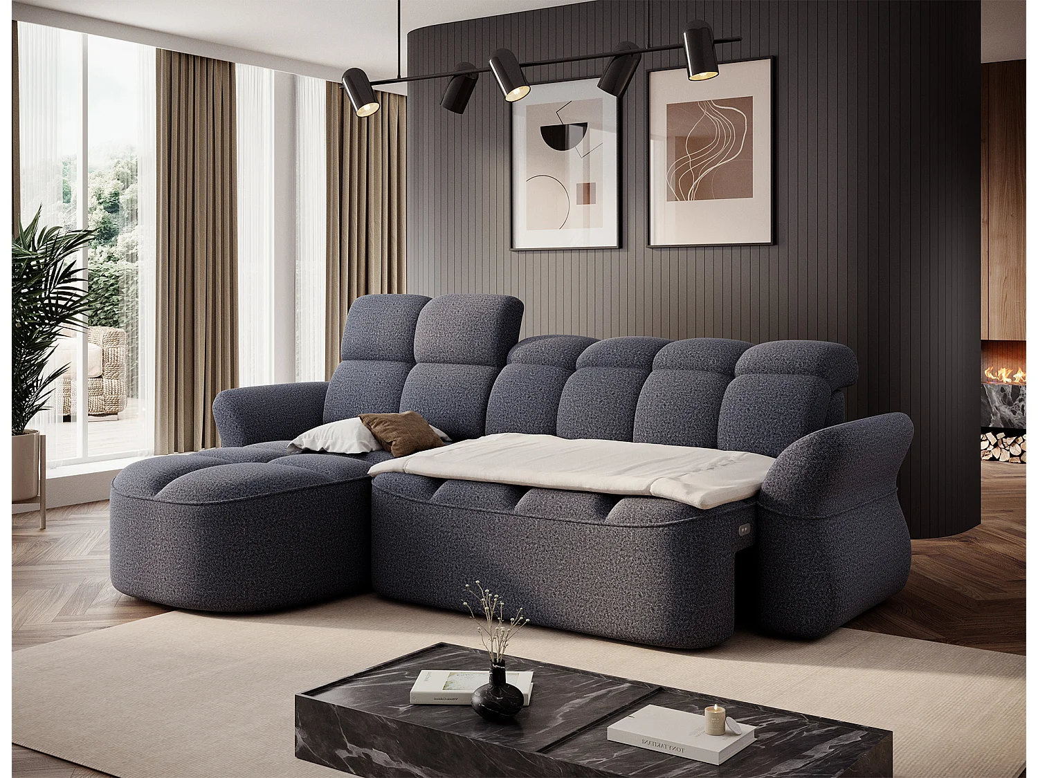 Canapé d’angle 4 place tissu CENTURY 301cm – Convertible et coffre-Bleu charrette-angle gauche