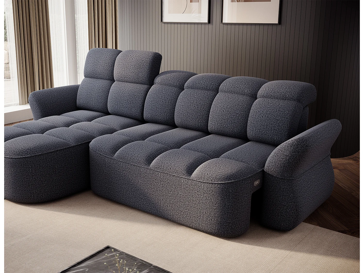 Canapé d’angle 4 place tissu CENTURY 301cm – Convertible et coffre-Bleu charrette-angle gauche