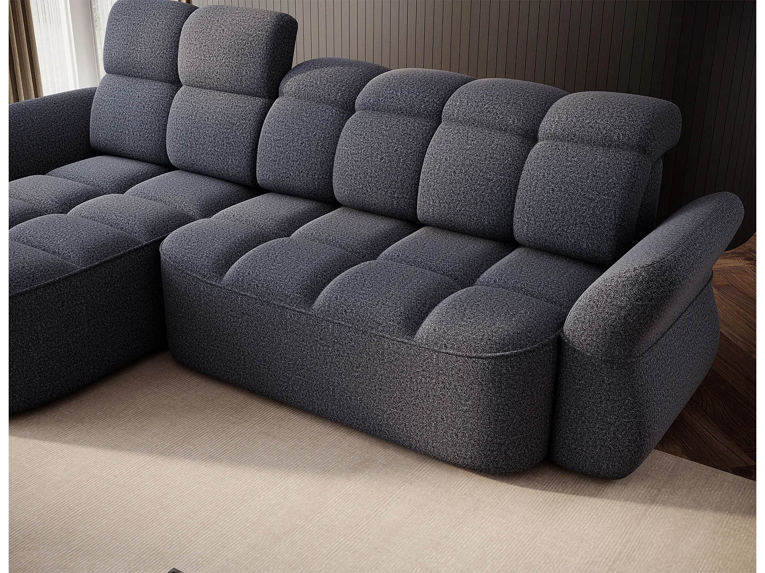 Canapé d’angle 4 place tissu CENTURY 301cm – Convertible et coffre-Bleu charrette-angle gauche
