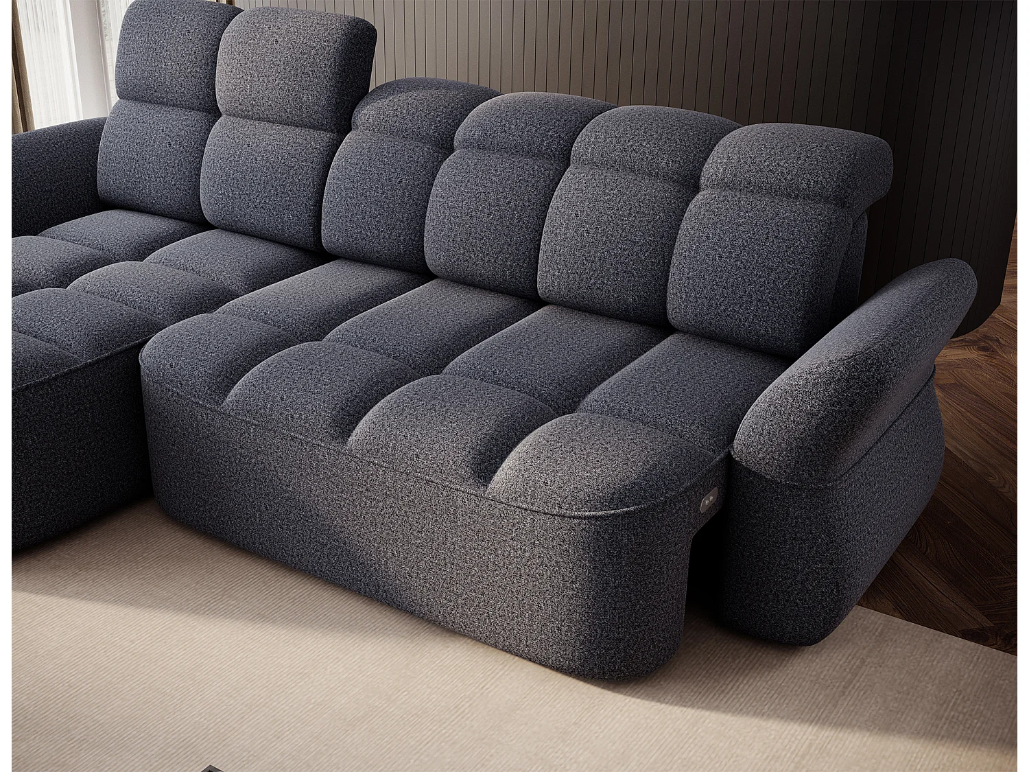 Canapé d’angle 4 place tissu CENTURY 301cm – Convertible et coffre-Bleu charrette-angle gauche