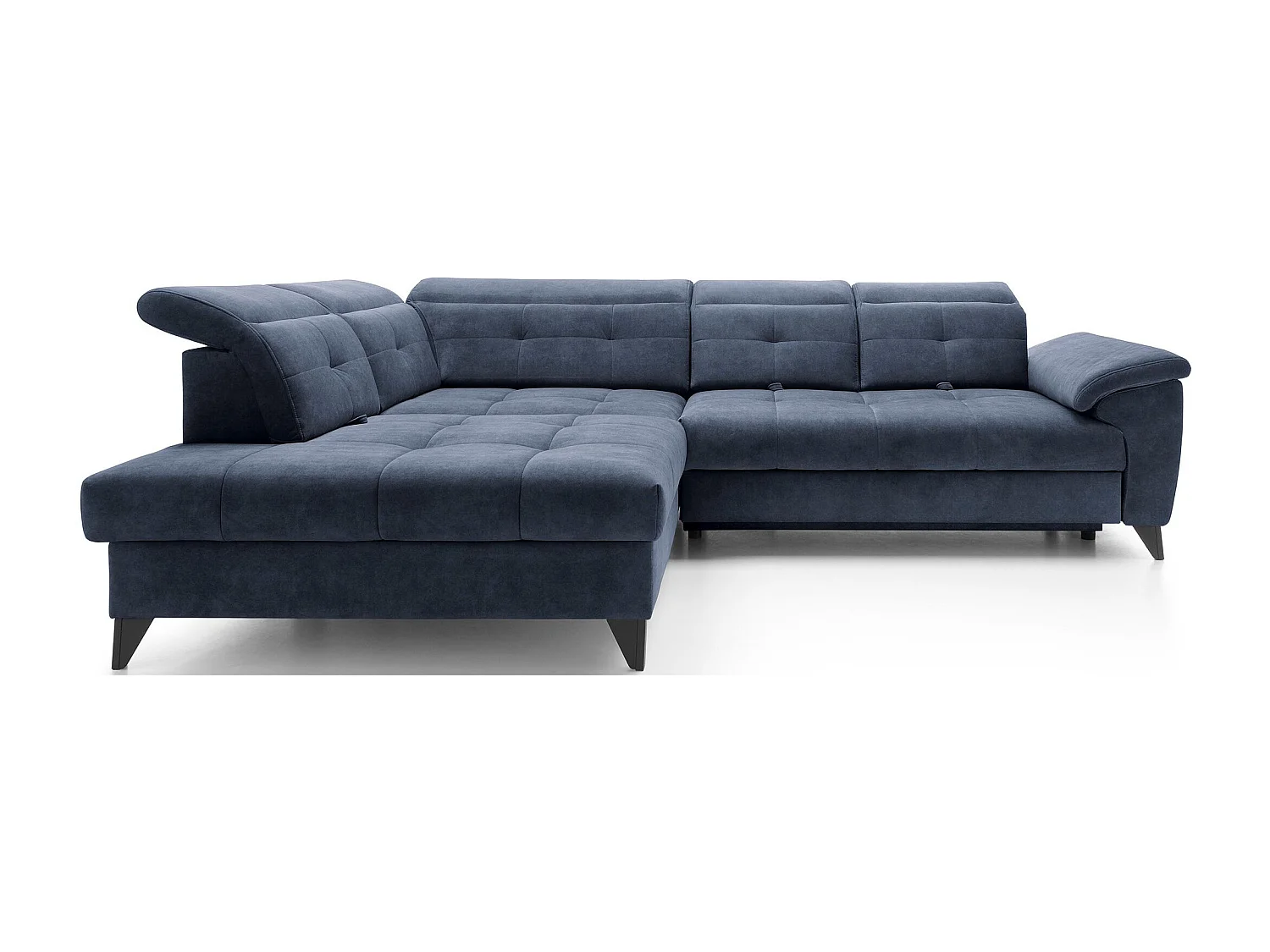 Canapé d'angle convertible tissu velouté KARIN - Coffre et appui-tête réglable-Bleu marine-angle gauche