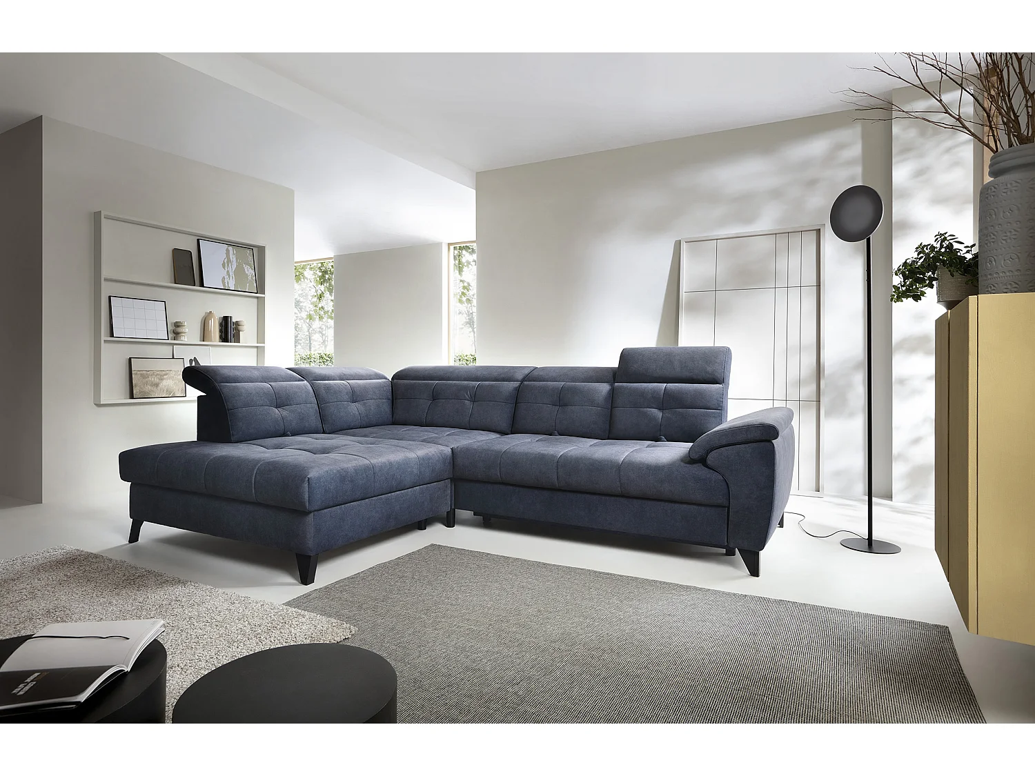 Canapé d'angle convertible tissu velouté KARIN - Coffre et appui-tête réglable-Bleu marine-angle gauche