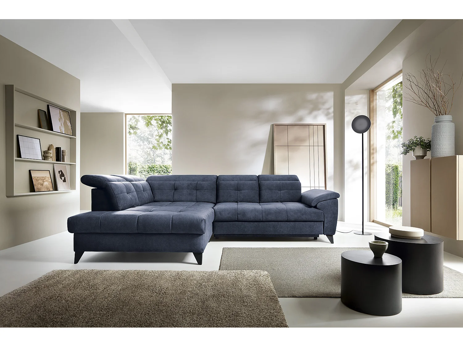 Canapé d'angle convertible tissu velouté KARIN - Coffre et appui-tête réglable-Bleu marine-angle gauche