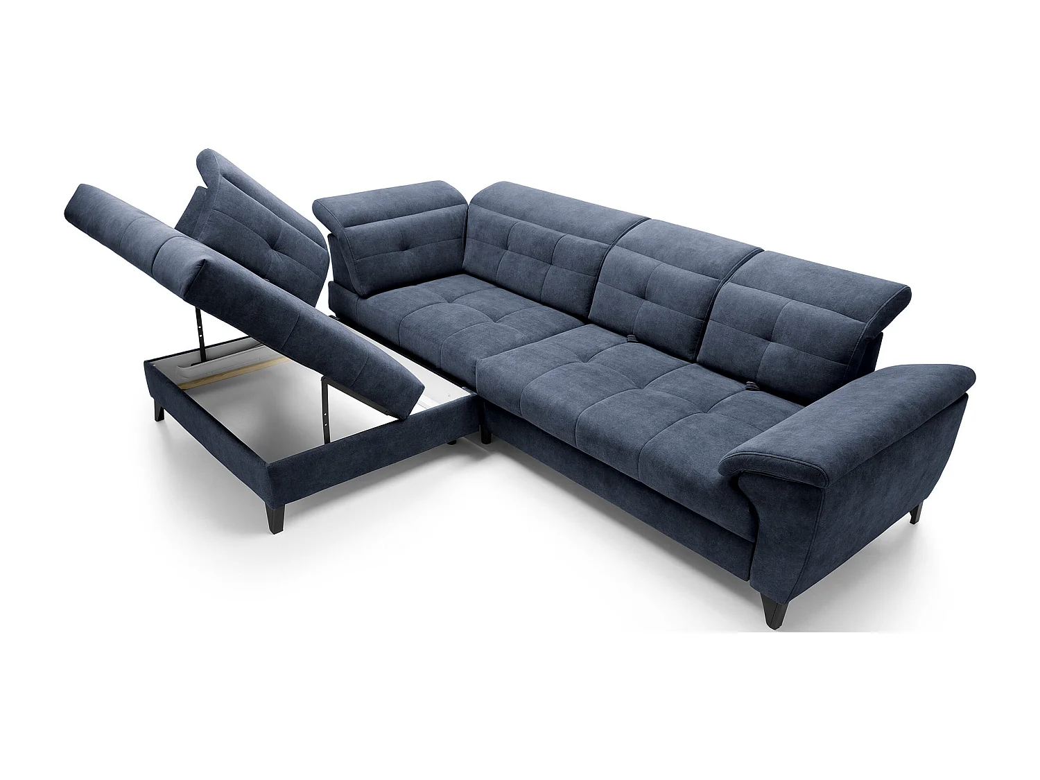 Canapé d'angle convertible tissu velouté KARIN - Coffre et appui-tête réglable-Bleu marine-angle gauche