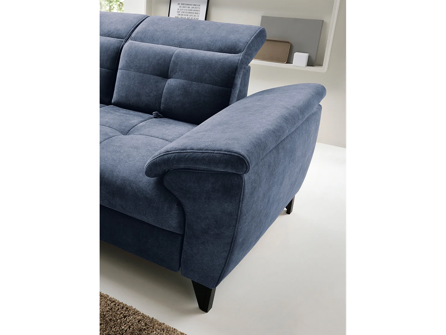 Canapé d'angle convertible tissu velouté KARIN - Coffre et appui-tête réglable-Bleu marine-angle gauche