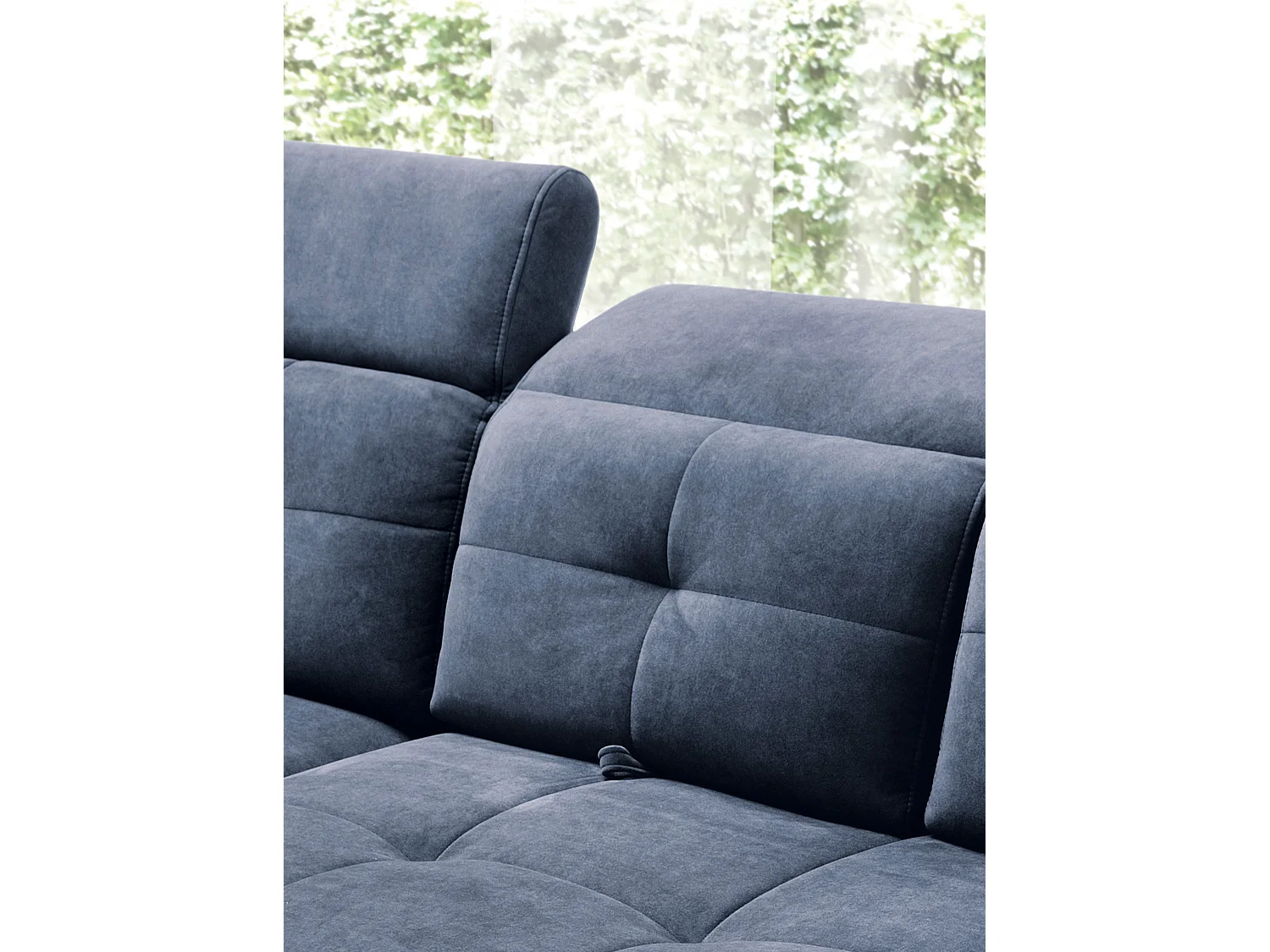 Canapé d'angle convertible tissu velouté KARIN - Coffre et appui-tête réglable-Bleu marine-angle gauche