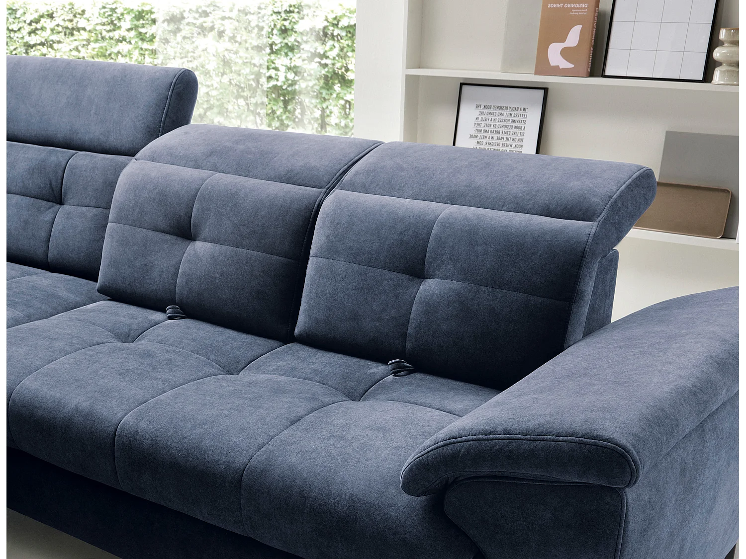 Canapé d'angle convertible tissu velouté KARIN - Coffre et appui-tête réglable-Bleu marine-angle gauche