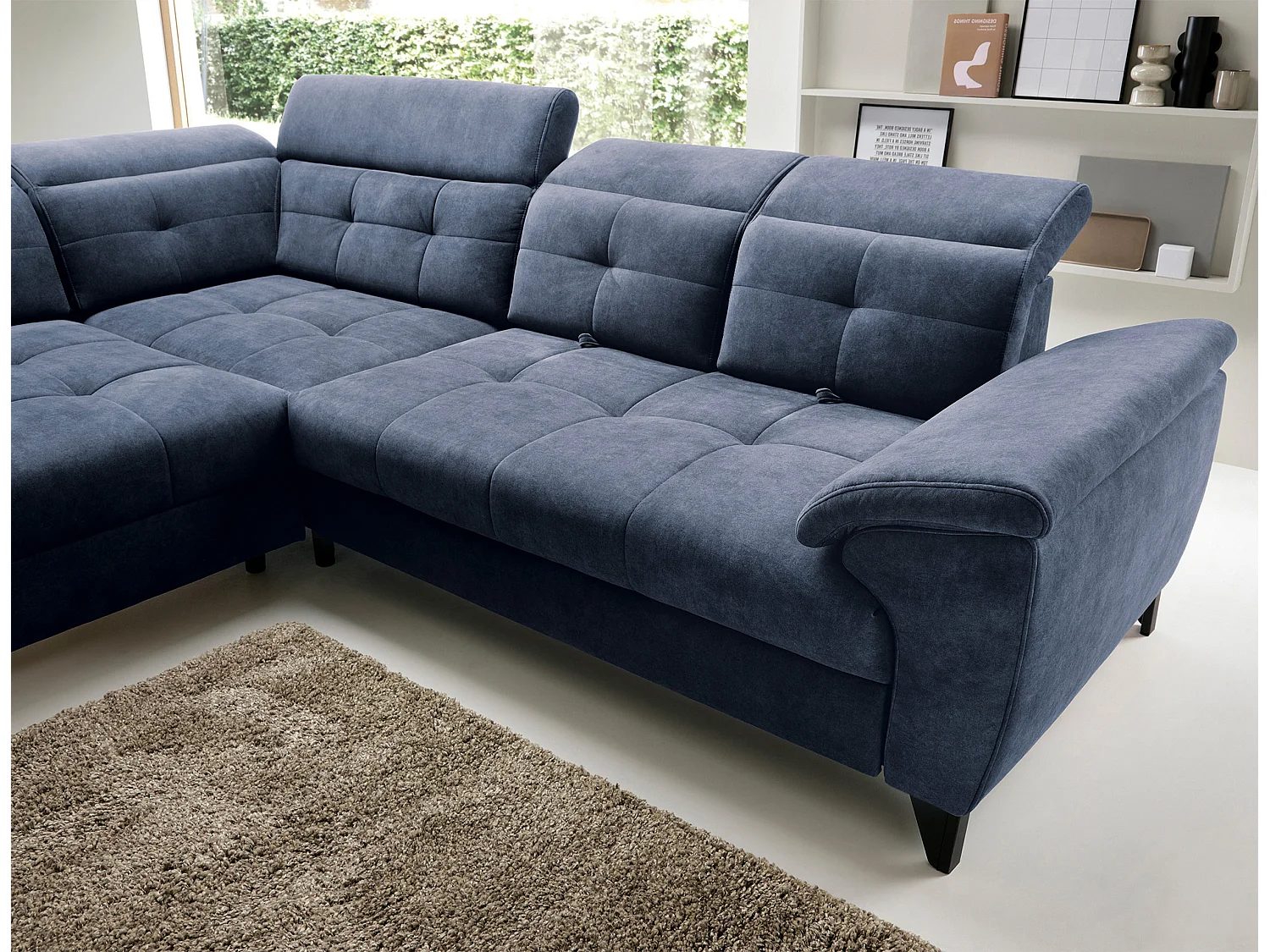 Canapé d'angle convertible tissu velouté KARIN - Coffre et appui-tête réglable-Bleu marine-angle gauche