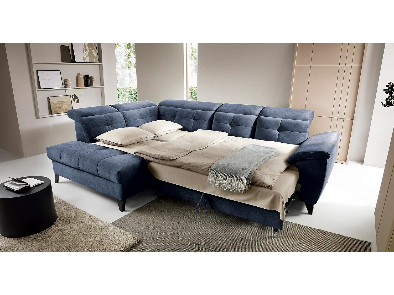 Canapé d'angle convertible tissu velouté KARIN - Coffre et appui-tête réglable-Bleu marine-angle gauche