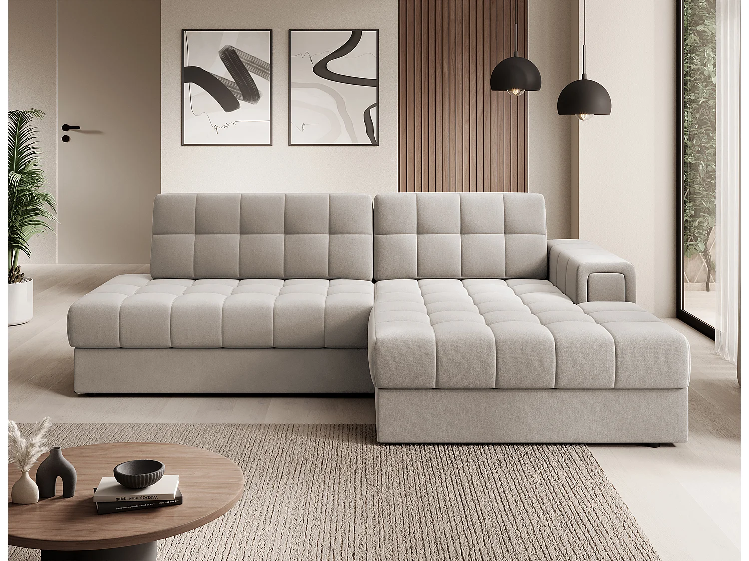 Canapé d'angle KELLY velours - Rangement et convertible-Taupe-Méridienne A droite