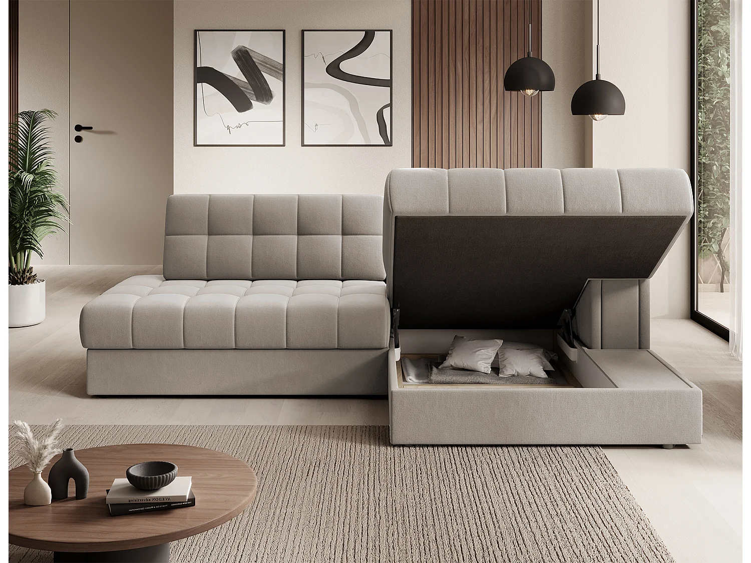 Canapé d'angle KELLY velours - Rangement et convertible-Taupe-Méridienne A droite