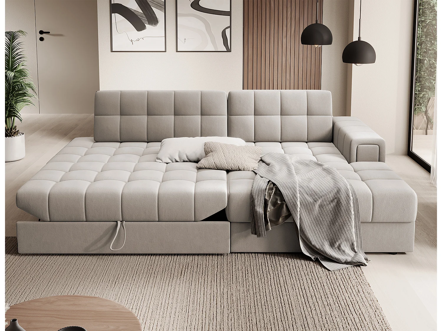 Canapé d'angle KELLY velours - Rangement et convertible-Taupe-Méridienne A droite
