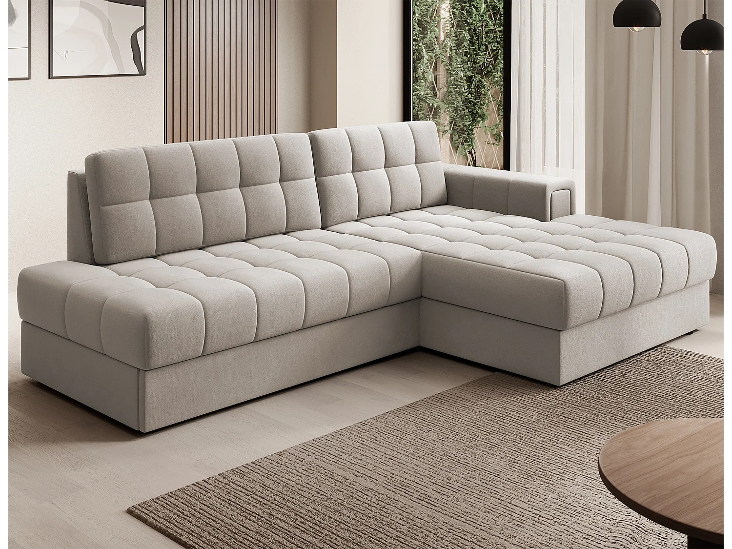 Canapé d'angle KELLY velours - Rangement et convertible-Taupe-Méridienne A droite
