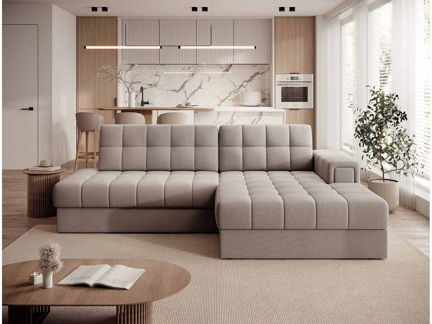 Canapé d'angle KELLY velours - Rangement et convertible-Taupe-Méridienne A droite