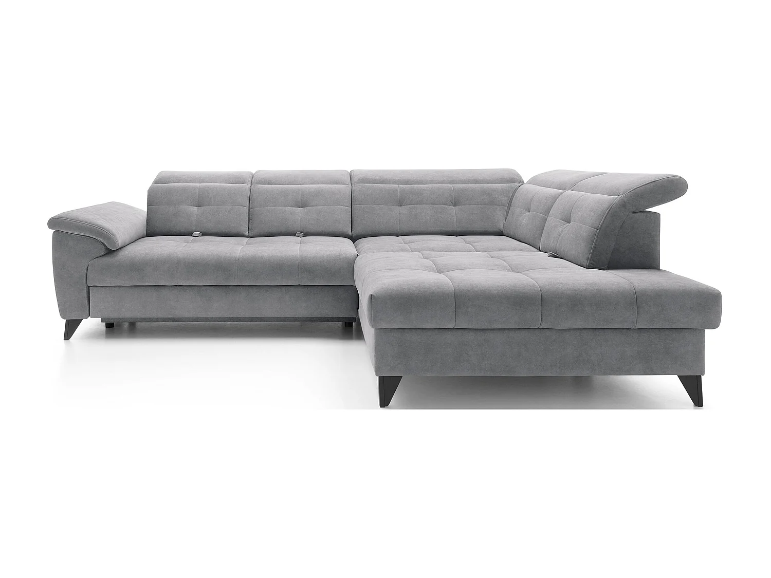 Canapé d'angle convertible tissu velouté KARIN - Coffre et appui-tête réglable-Gris-angle droit