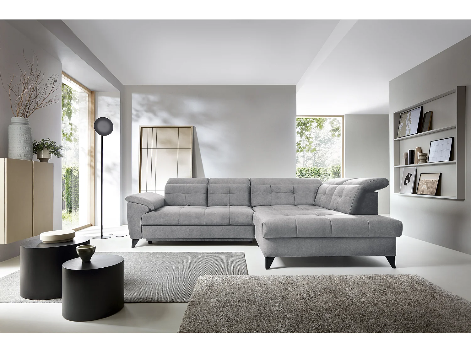 Canapé d'angle convertible tissu velouté KARIN - Coffre et appui-tête réglable-Gris-angle droit