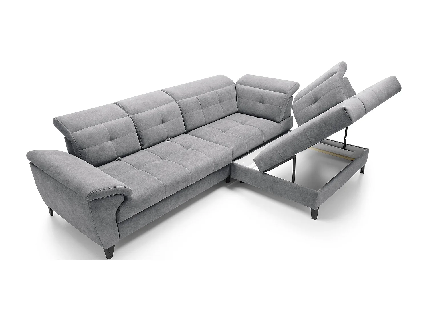 Canapé d'angle convertible tissu velouté KARIN - Coffre et appui-tête réglable-Gris-angle droit