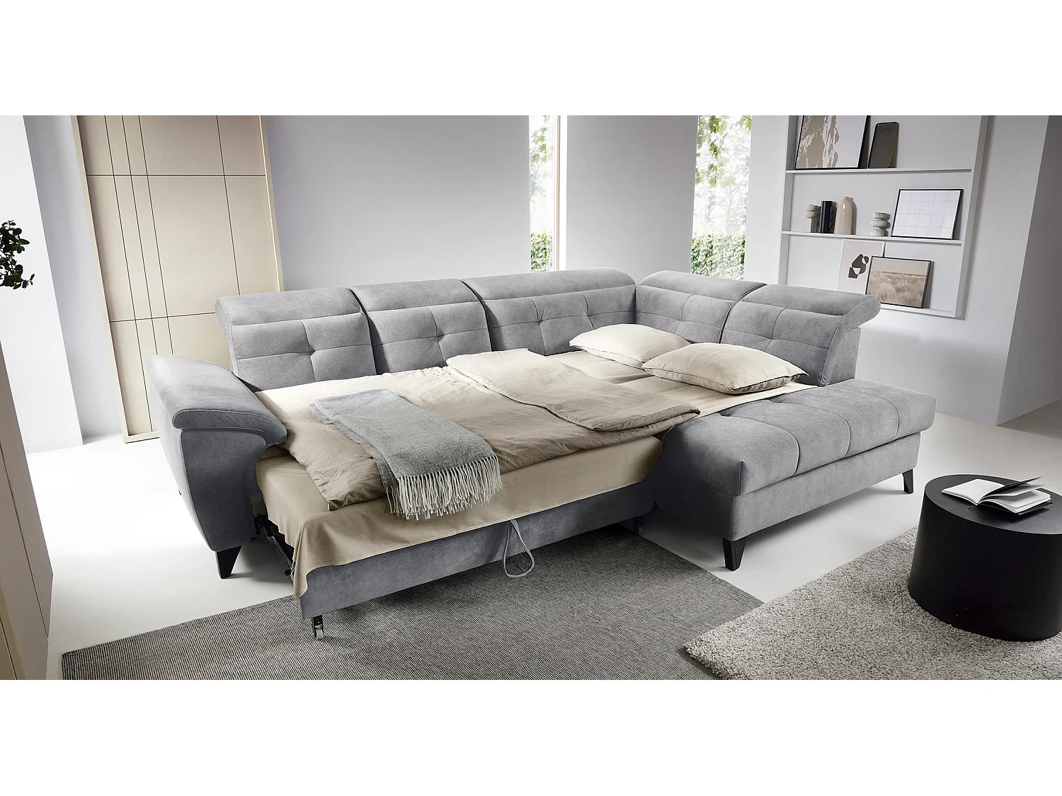 Canapé d'angle convertible tissu velouté KARIN - Coffre et appui-tête réglable-Gris-angle droit