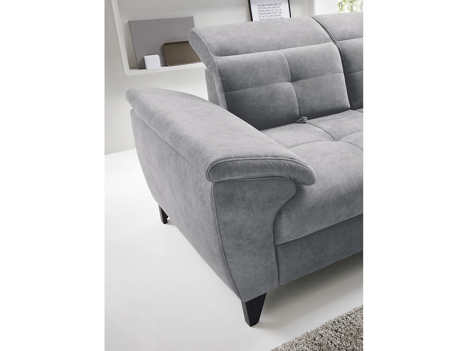 Canapé d'angle convertible tissu velouté KARIN - Coffre et appui-tête réglable-Gris-angle droit