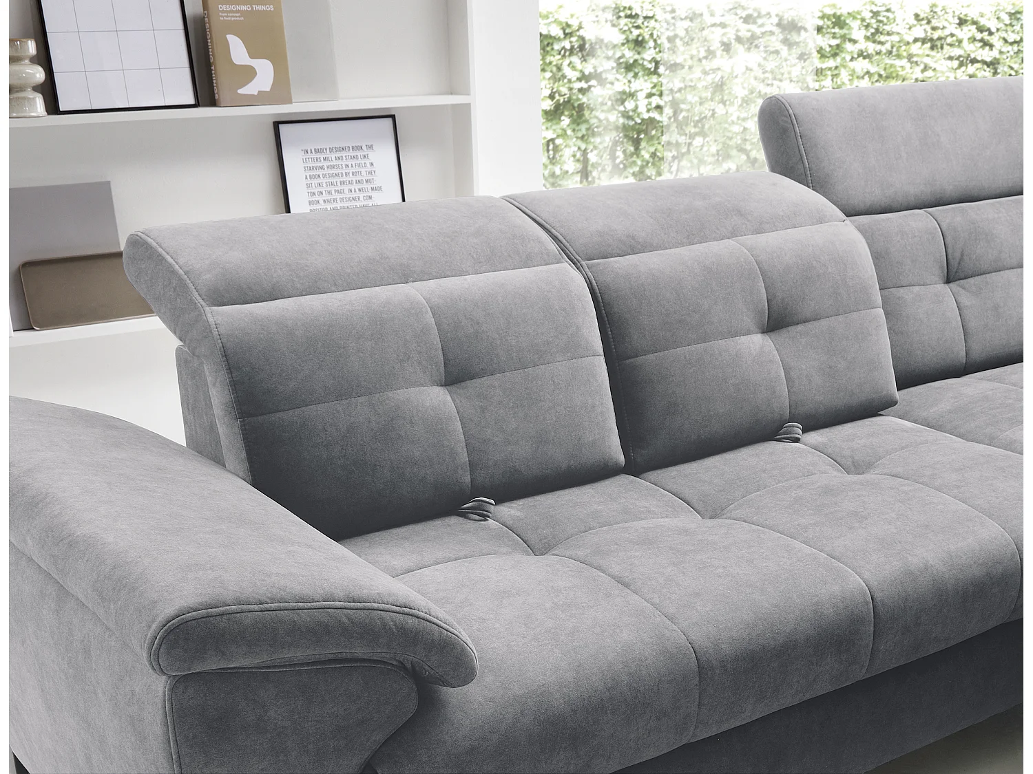 Canapé d'angle convertible tissu velouté KARIN - Coffre et appui-tête réglable-Gris-angle droit