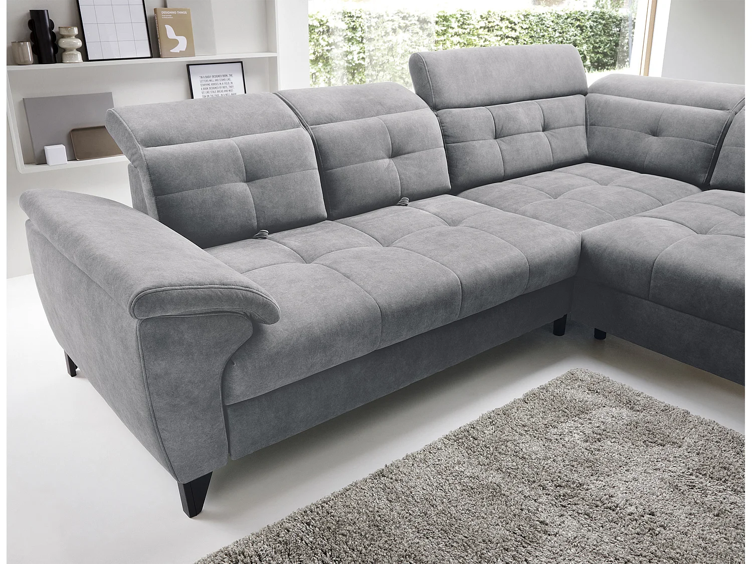 Canapé d'angle convertible tissu velouté KARIN - Coffre et appui-tête réglable-Gris-angle droit