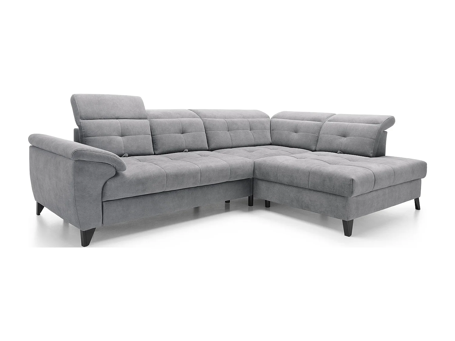 Canapé d'angle convertible tissu velouté KARIN - Coffre et appui-tête réglable-Gris-angle droit