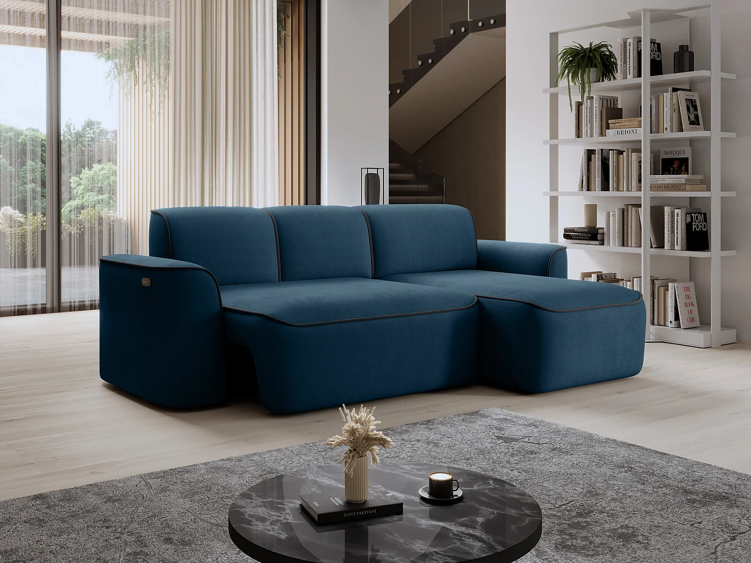 Sofá esquinero eléctrico de tela DUMAS - Innovación en bienestar-Azul oscuro/Gris oscuro-Ángulos rectos