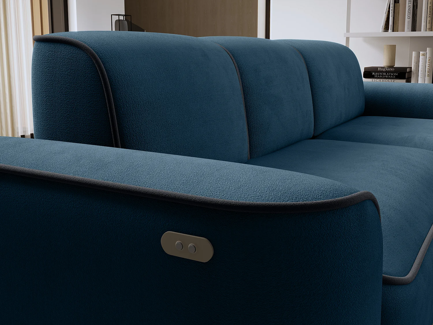 Sofá esquinero eléctrico de tela DUMAS - Innovación en bienestar-Azul oscuro/Gris oscuro-Ángulos rectos